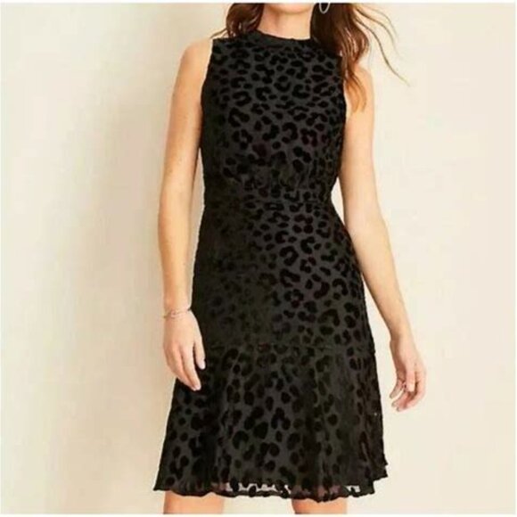 Ann Taylor Black Velvet Leopard Print Sheer Sleeveless Cocktail Flounce Dress 4 - Picture 1 of 9